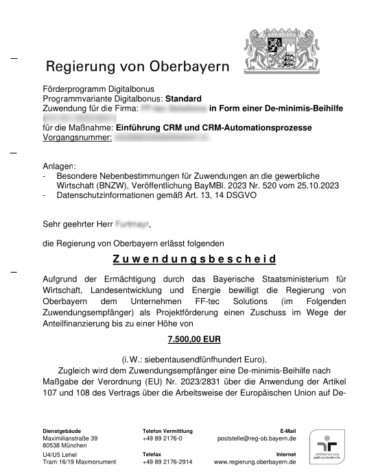 Echter Zuwendungsbescheid Digitalbonus Bayern